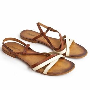 Antioli EU 40 US 9 to 9.5 Brown White Leather Strappy Flat Sandals Made in Italy